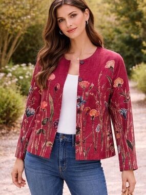 Coldwater Creek Jacket Women's Large Floral Red Cottagecore Art Wear Cotton Flax